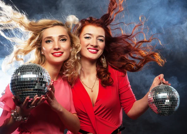 Party girls with disco ball, happy and smile. — Stock Photo, Image