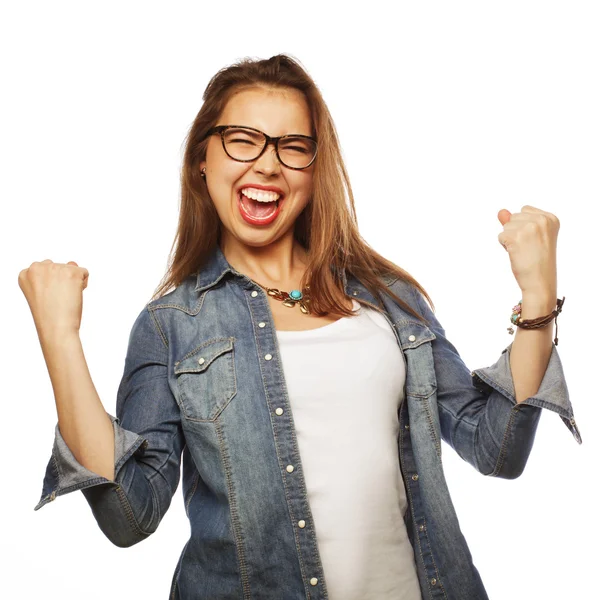 Feliz mujer emocionada celebrando su éxito . — Foto de Stock