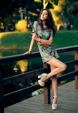 Açık havada güzel bir bayan model. Nehir ya da göl kenarında yaz elbisesi içinde romantik bir model..
