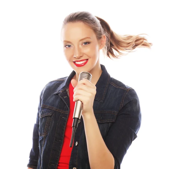 Beauty woman wearing red t-shirt  with microphone — Stock Photo, Image