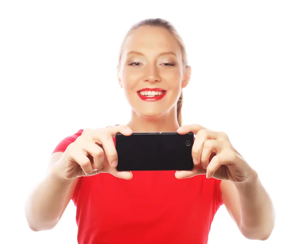 Bonita mujer tomando selfies — Foto de Stock