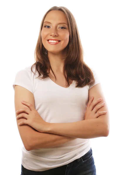 Jonge vrouw draagt wit t-shirt — Stockfoto