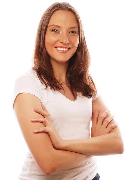 Mujer joven vistiendo camiseta blanca — Foto de Stock