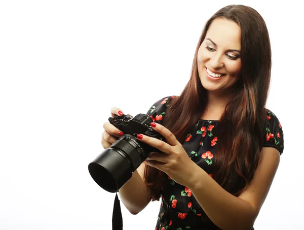 Cheerful young woman making photo — Stock Photo, Image