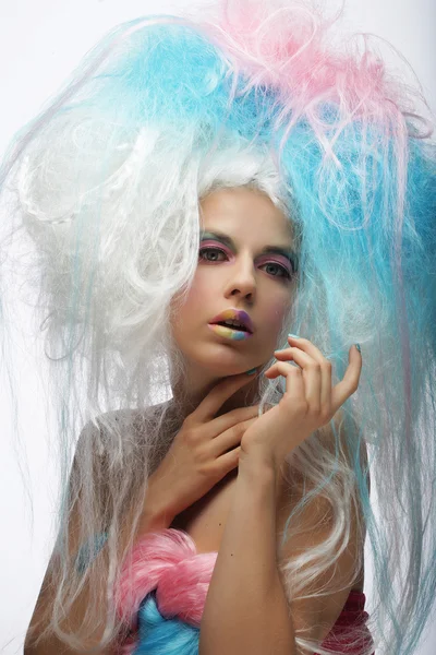 Fashion model with bright make up and colorful hair — Stock Photo, Image