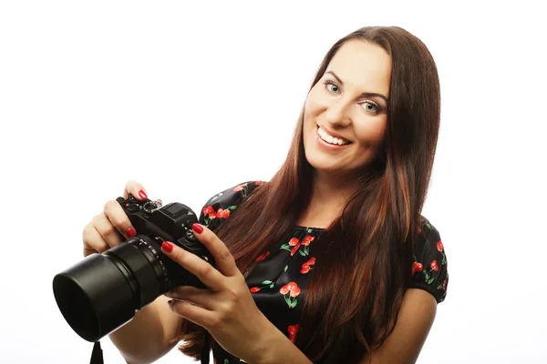 Cheerful young woman making photo — Stock Photo, Image