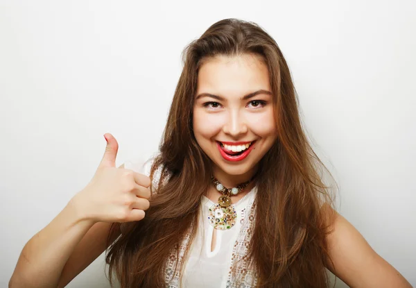 Successful girl gives thumb up with two hands — Stock Photo, Image