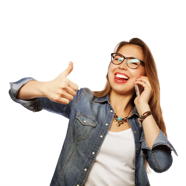 Happy woman with smartphone — Stock Photo, Image