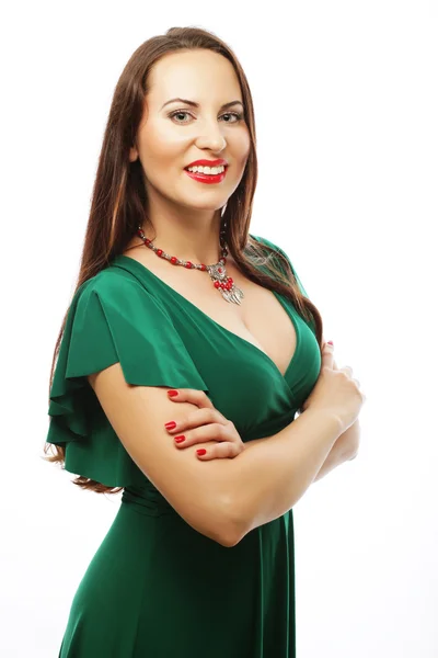 Mladá krásná žena nosí zelené šaty — Stock fotografie
