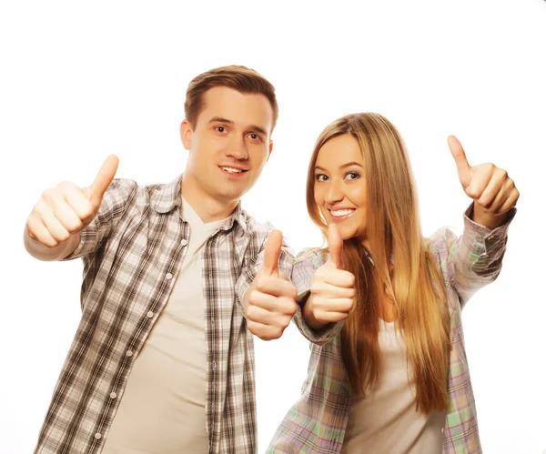 Lovely couple with thumbs-up gesture isolated on white — Stock Photo, Image