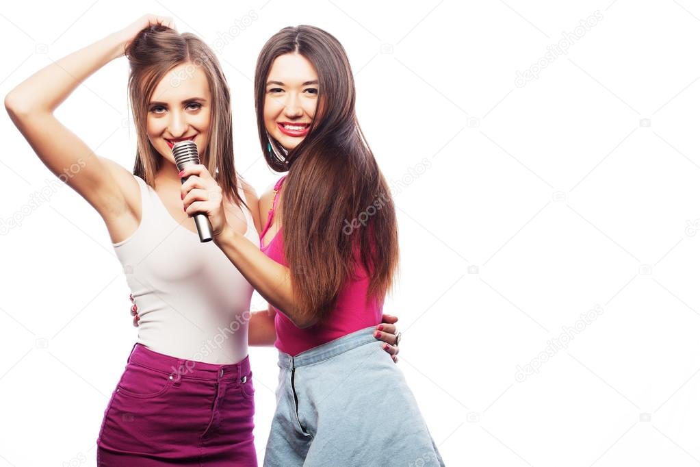 sensual girls singing with microphone