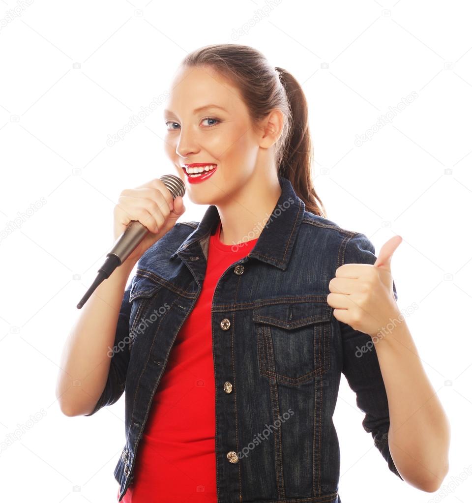 Beauty woman wearing red t-shirt  with microphone