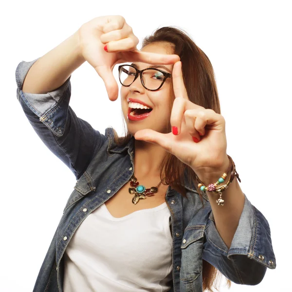 Donna che fa telaio con le mani — Foto Stock