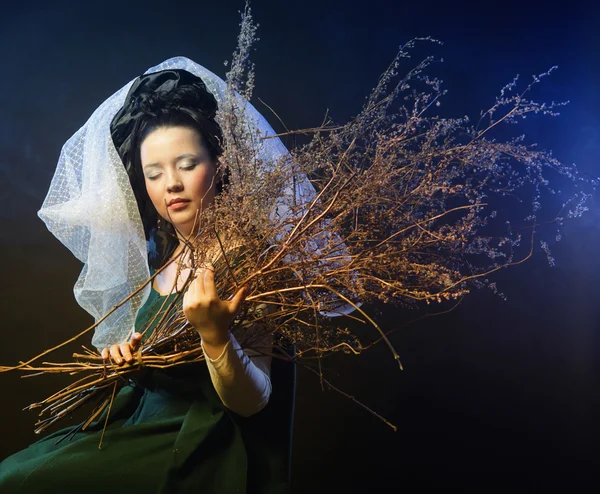 Menina em vestido medieval com um monte de paus — Fotografia de Stock