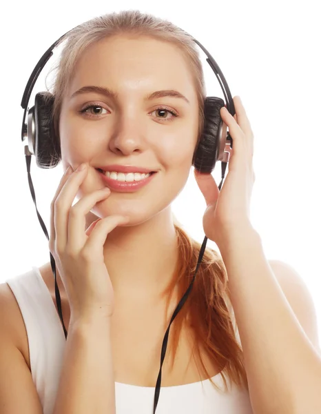 Kvinna med hörlurar lyssna musik. Musik tonåring flicka isol — Stockfoto
