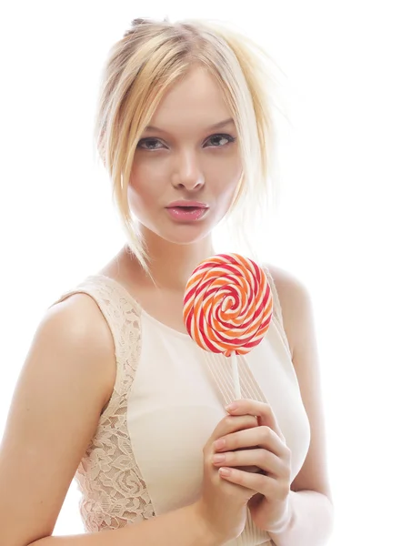 Fashion blond woman  holding lollipop — Stock Photo, Image