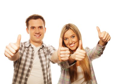 Güzel Çift başparmak-up üzerinde beyaz izole jest ile