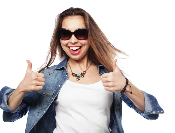 Successful girl gives thumb up with two hands — Stock Photo, Image