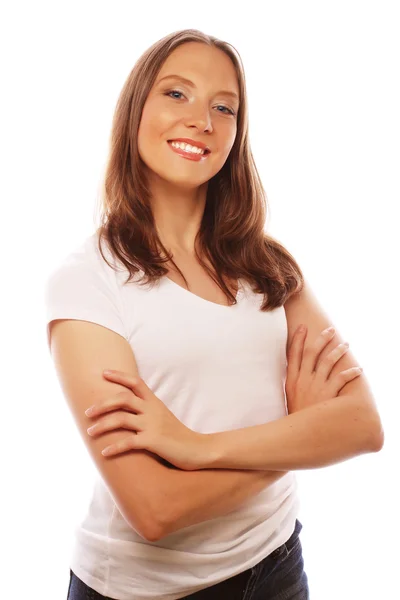 Mujer joven vistiendo camiseta blanca — Foto de Stock