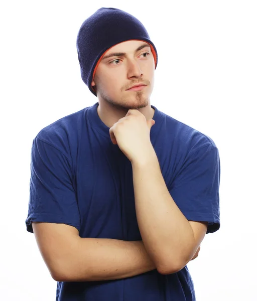 Man in blue t-shirt and blue hat. — Stock Photo, Image