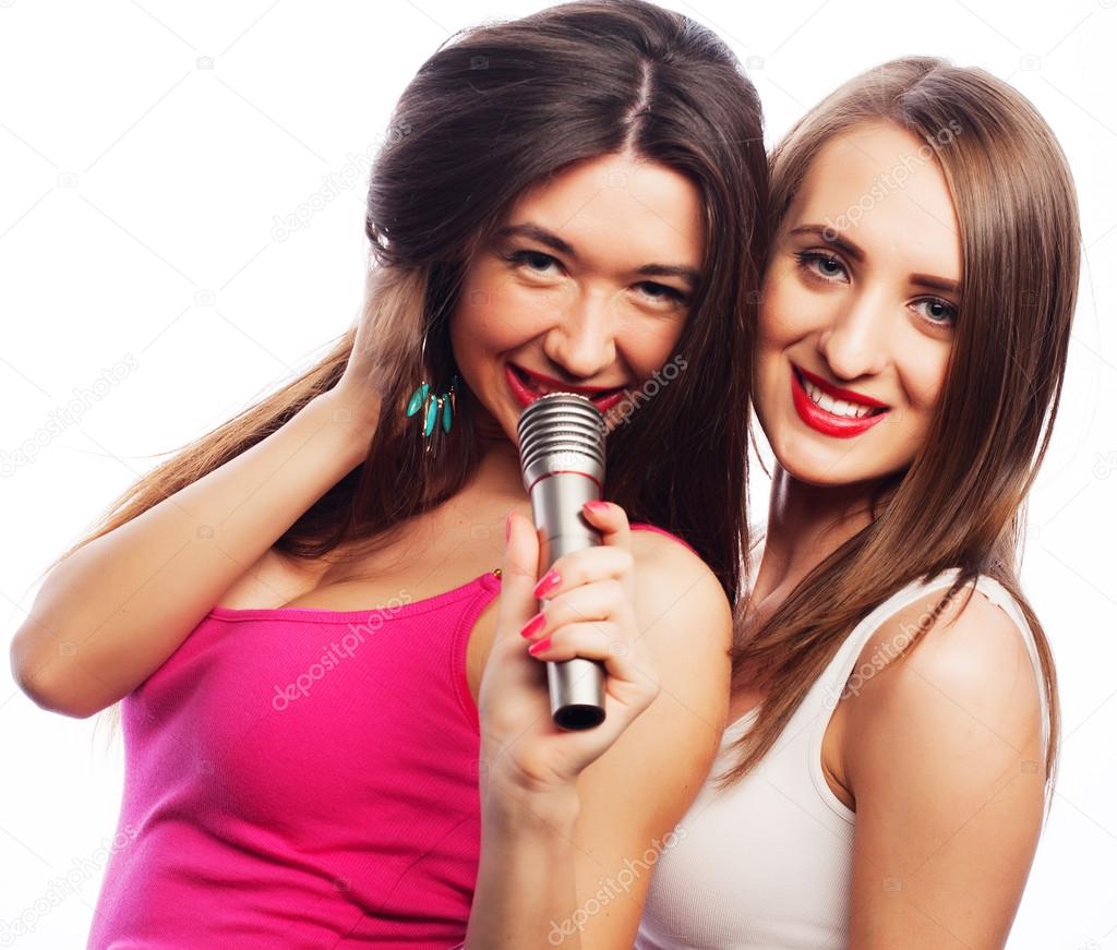 sensual girls singing with microphone