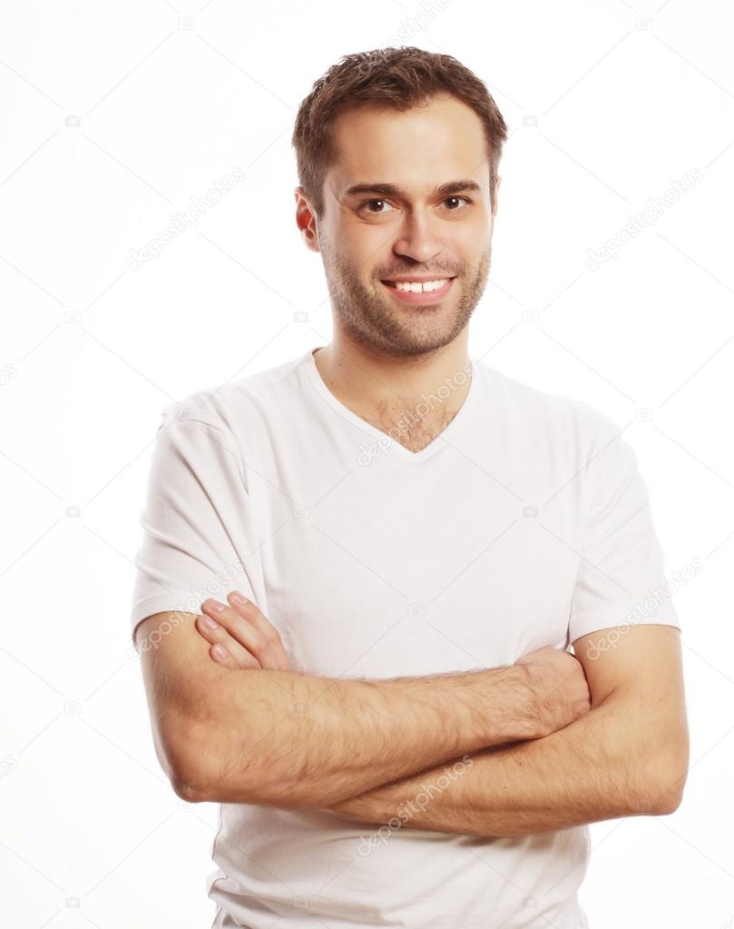 handsome man in blank white shirt