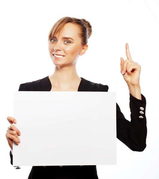 空白の看板を示す若いビジネス女性 — ストック写真