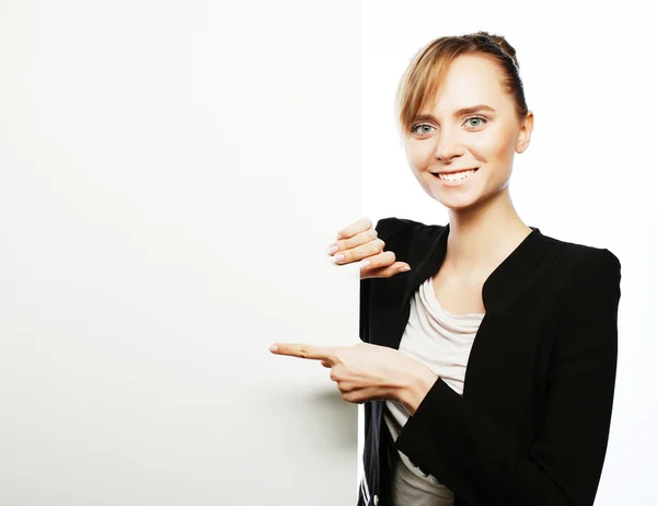 Young business woman showing blank signboard — Stock Photo, Image
