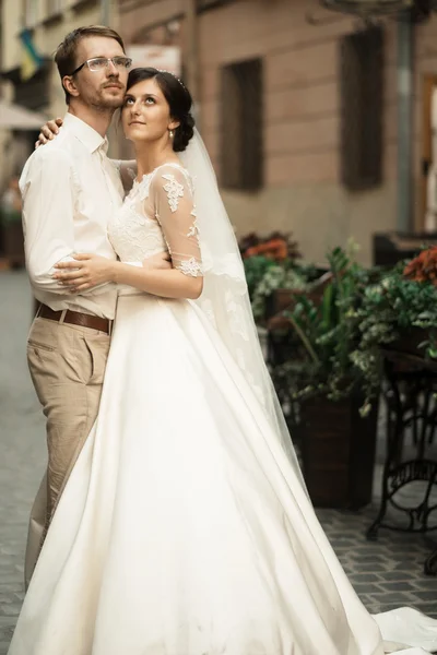 Romântico jovem casal celebrando seu casamento — Fotografia de Stock