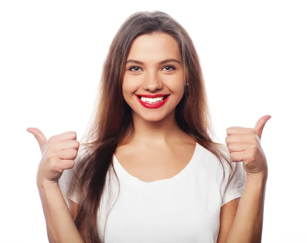 Lovely woman showing victory or peace sign — Stock Photo, Image