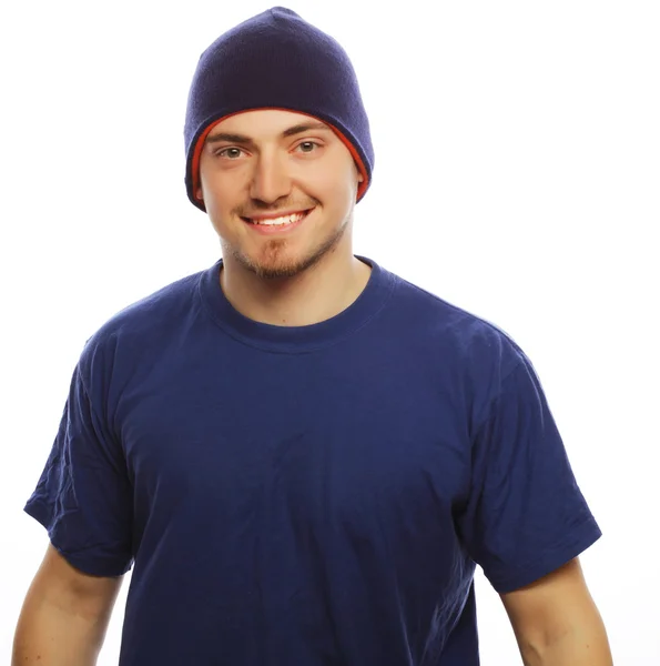 Mann in blauem T-Shirt und blauem Hut. — Stockfoto