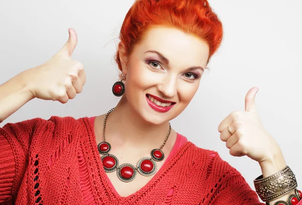 Successful girl gives thumb up with two hands — Stock Photo, Image