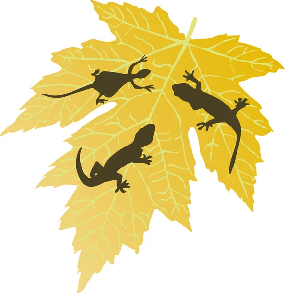 Silhouettes de feuilles jaunes et de lézards — Image vectorielle