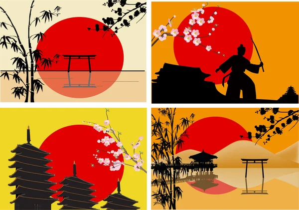 Vier japanische Sonnenuntergangskompositionen — Stockvektor