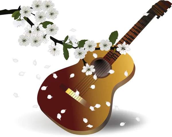 Guitar in  cherry  flowers — Stock Vector