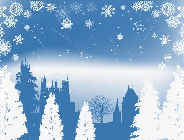 Zamek w niebieskie i białe płatki śniegu — Wektor stockowy