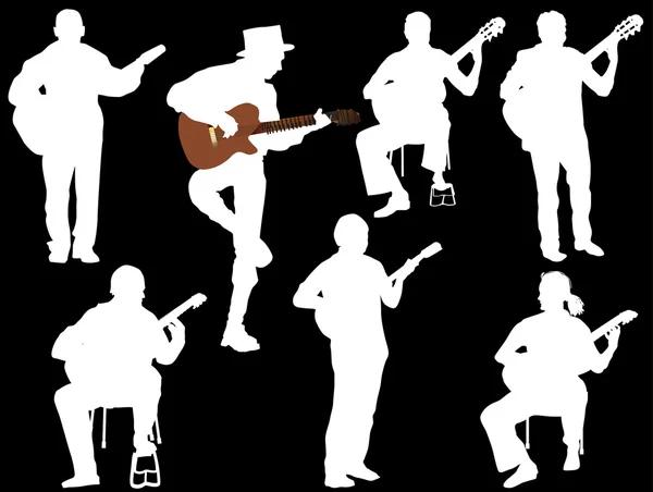 Seven guitarists silhouettes — Stock Vector