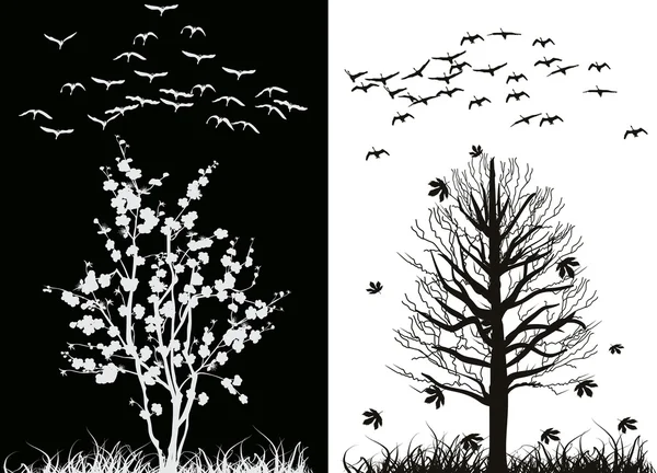 Cisnes y siluetas de árboles — Vector de stock