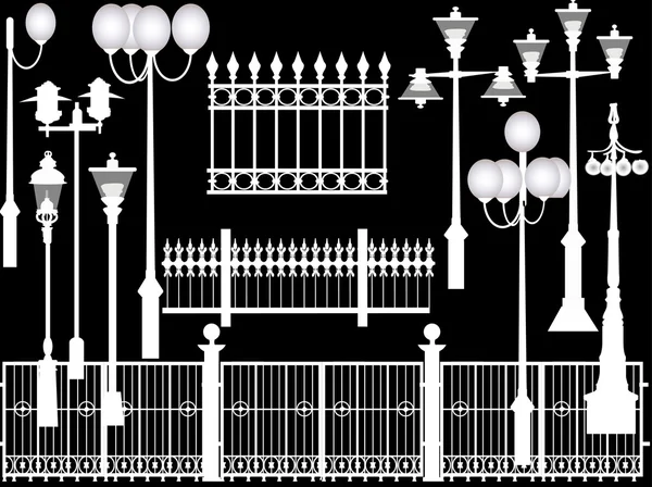 Коллекция уличных фонарей и заборов — стоковый вектор