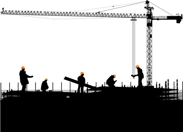 Zaměstnanci při výstavbě domů a jeřáb — Stockový vektor