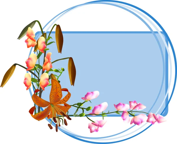 Gruppo di fiori su cornice blu — Vettoriale Stock