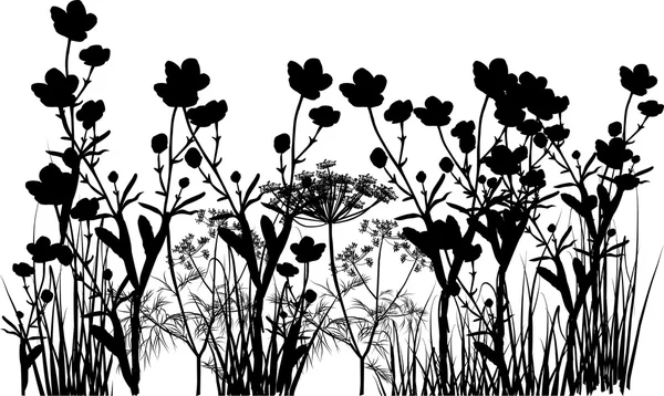 Flores negras y hierba — Vector de stock