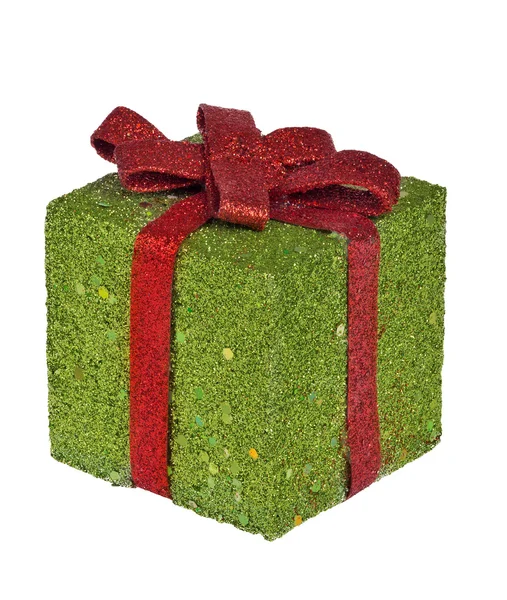 Green box with red ribbon — Stock Photo, Image