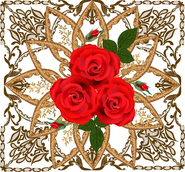 Rosas em ornamento decorado marrom — Vetor de Stock