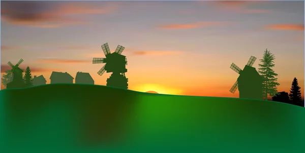 Arbres et moulins à vent dans le village — Image vectorielle