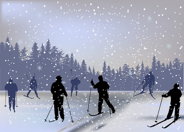 Skiers in forest under snowfall — Stock Vector