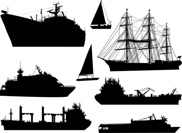 Siluetas de barcos negros — Vector de stock