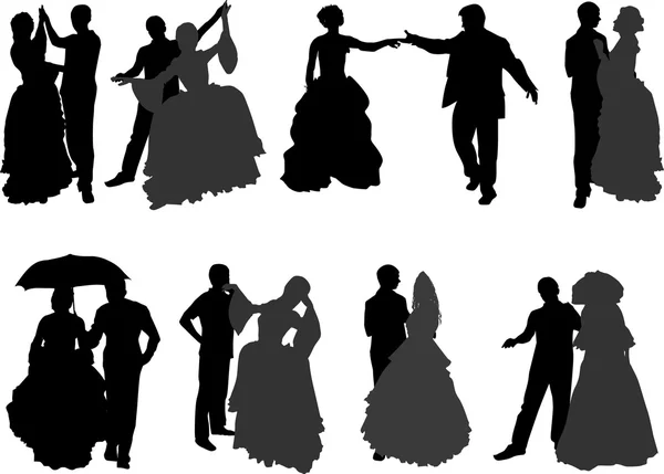 Wedding couples silhouettes — Stock Vector