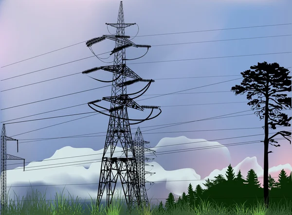 Słupy wysokiego napięcia energii elektrycznej w lesie — Wektor stockowy