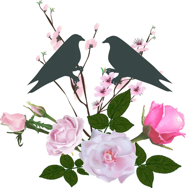 Roses et deux silhouettes d'oiseaux — Image vectorielle